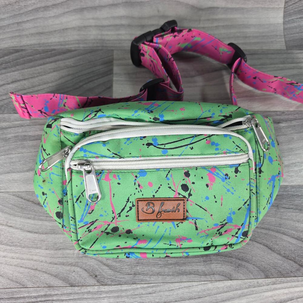 B-Fresh Vintage 90s Paint Splatter Fanny Pack Belt Bag Neon Green Pink Festival